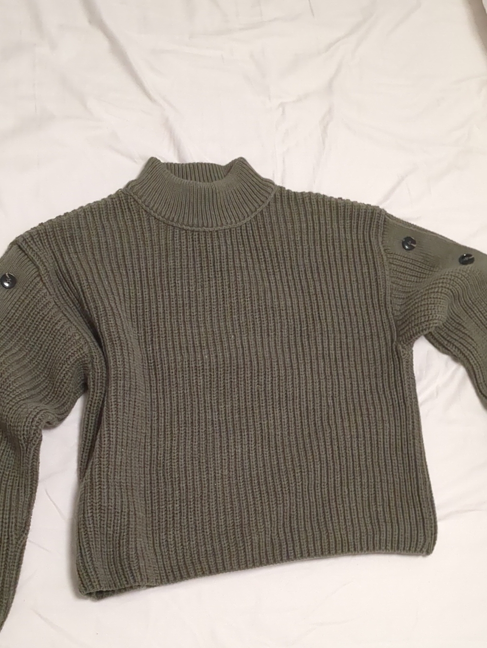 Olive Ribbed Mock Neck Sweater with Arm Buttons
